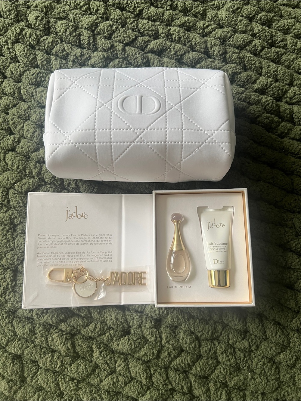 Dior White Cosmetic Pouch with J’adore Deluxe Samples and Gold Bag Charm